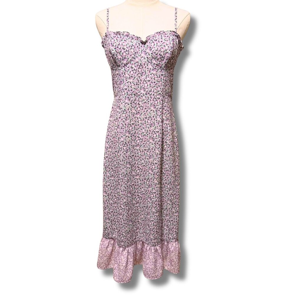 French Connection Enora Vernoa Lilac Bustier Floral Ruffle Midi Dress Size 6